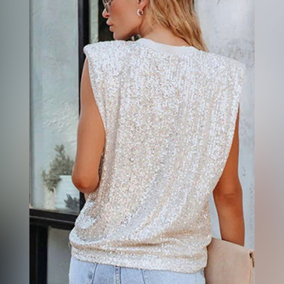 #27 White All Sequin Sleeveless Top - Picture 2 of 10
